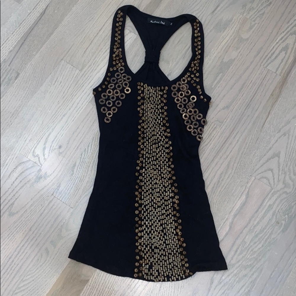 Mustard Seed Black Tank Top w/ Brown Beads Sz S